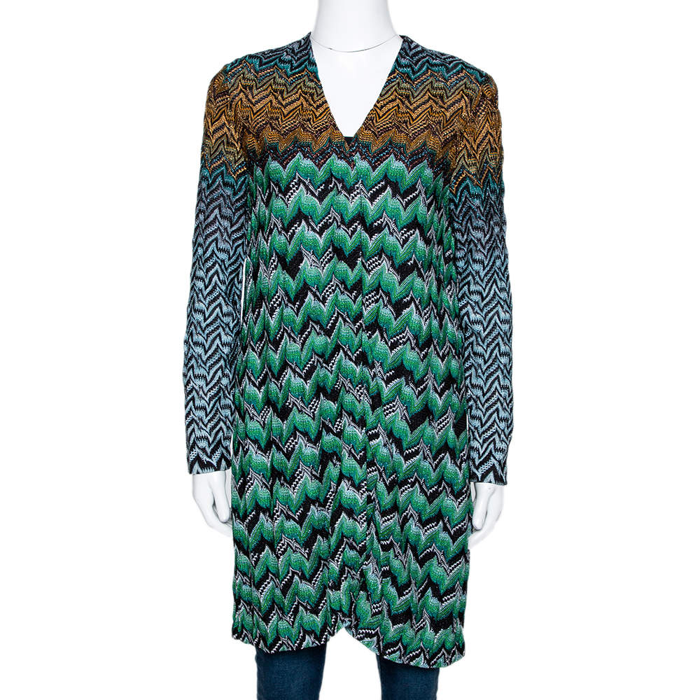 Pre Owned Missoni Multicolor Zig Zag Lurex Knit Button Front Cardigan M
