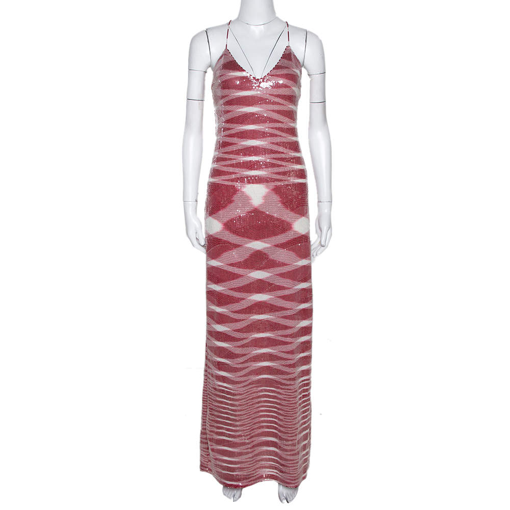 Pre Owned Missoni Red & White Sequin Embellished Knit Maxi Dress M