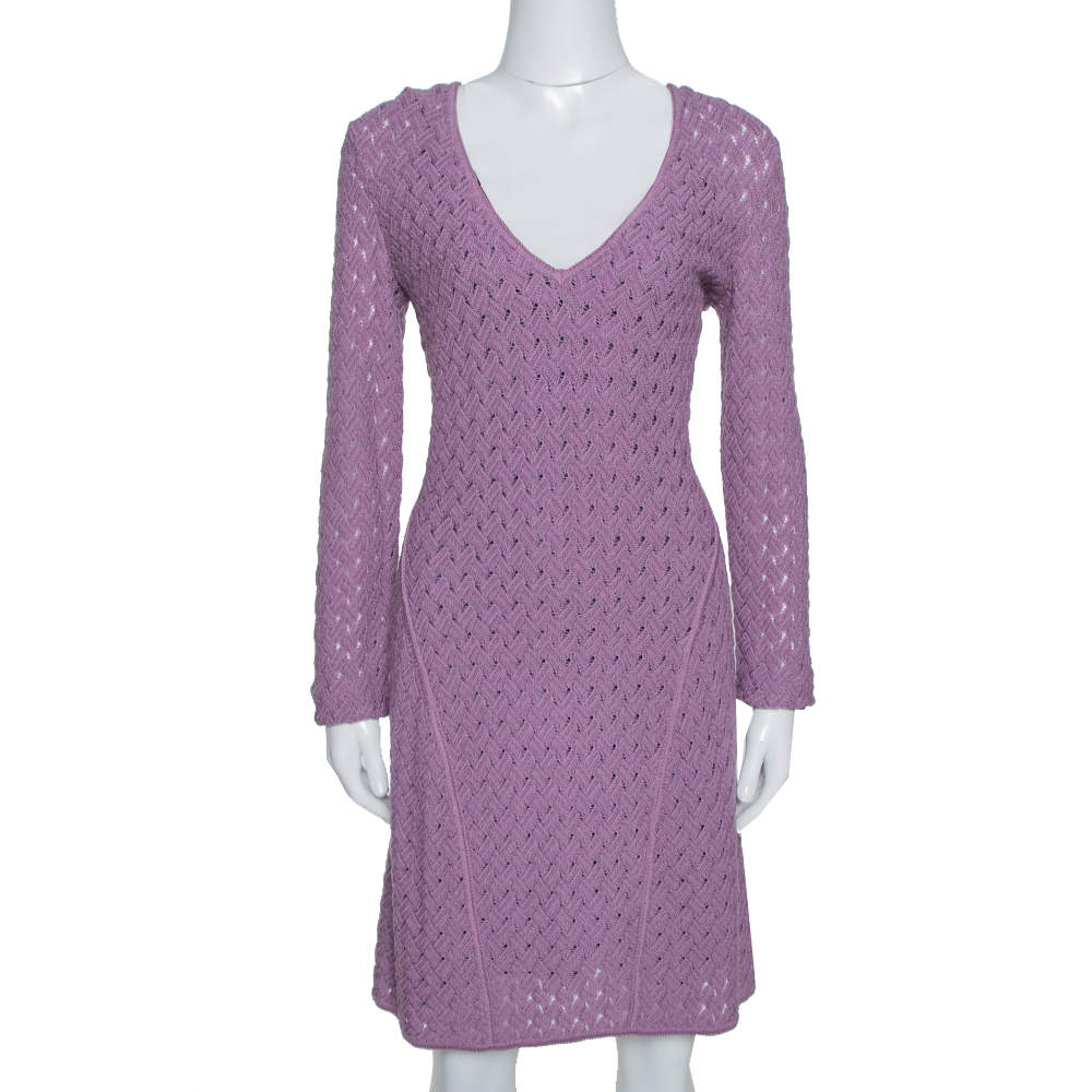 Pre Owned Missoni Purple Wool Blend Perforated Knit Long Sleeve Dress S