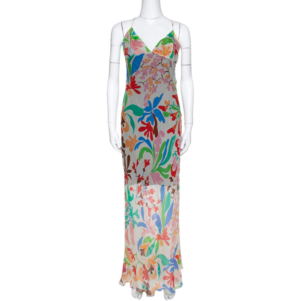 Pre Owned Missoni Cream Floral Print Crepe Sheer Maxi Dress M