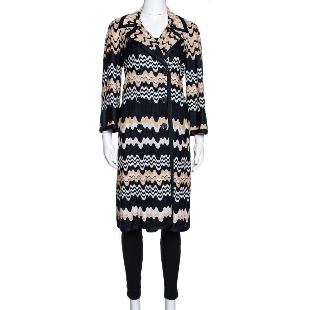 Pre Owned Missoni Two Tone Wavy Knit Double Breasted Coat M