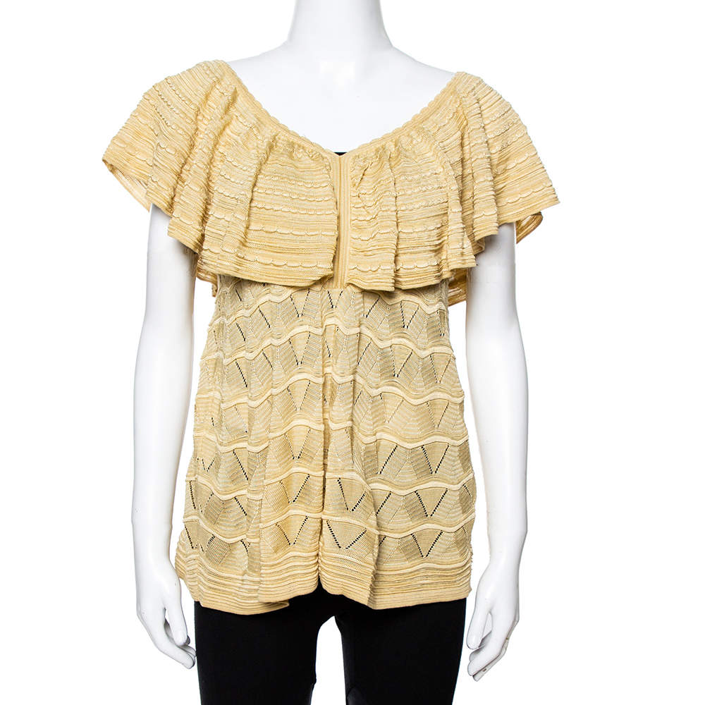 Pre Owned M Missoni Beige Patterned Knit Ruffled Overlay Top M