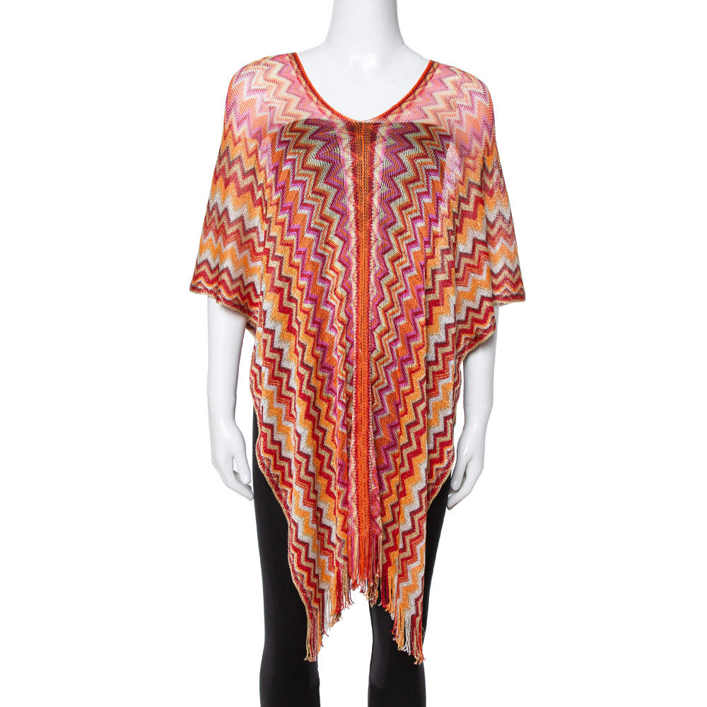 Pre Owned Missoni Orange Lurex Chevron Knit Poncho (One Size)