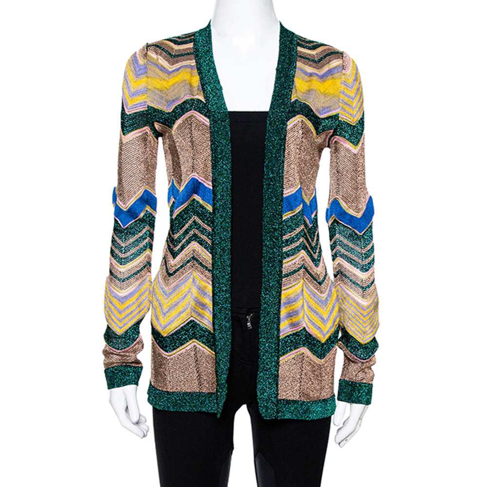 Pre Owned Missoni Multicolor Lurex Chevron Knit Open Front Cardigan S