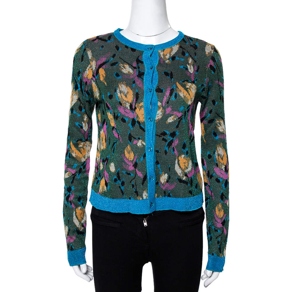 Missoni Green Metallic Floral Jacquard Knit Button Front Cardigan S