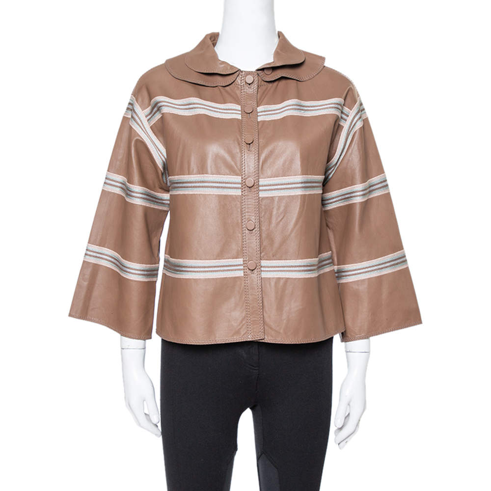 Pre Owned Missoni Brown Striped Leather Detachable Collar Detail Jacket M