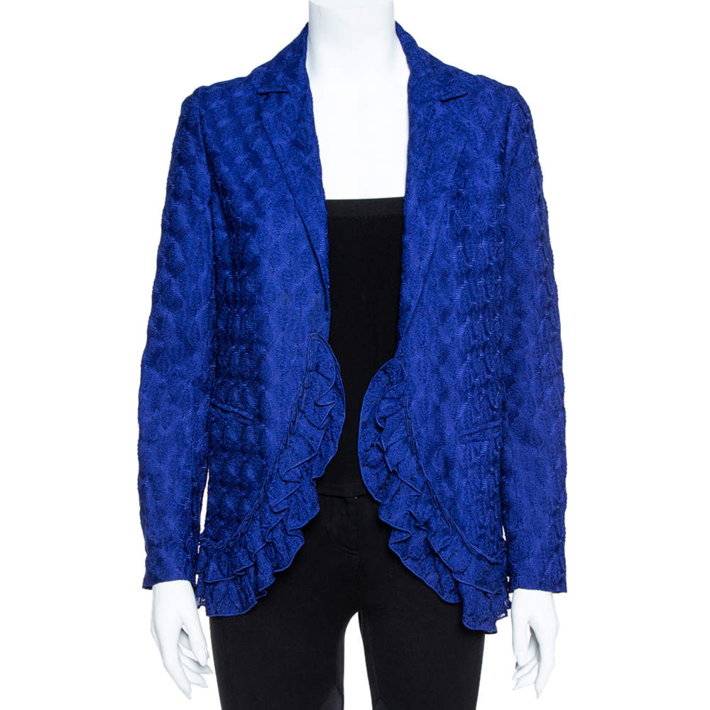 Missoni Electric Blue Silk Blend Ruffle Detail Crochet Blazer S