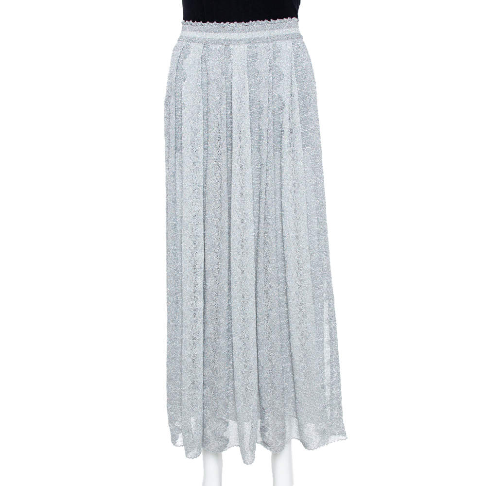 Pre Owned Missoni Metallic Silver Jacquard Knit Maxi Skirt S