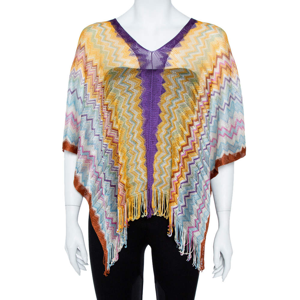 Pre Owned Missoni Multicolor Chevron Knit Fringed Poncho ( One Size )