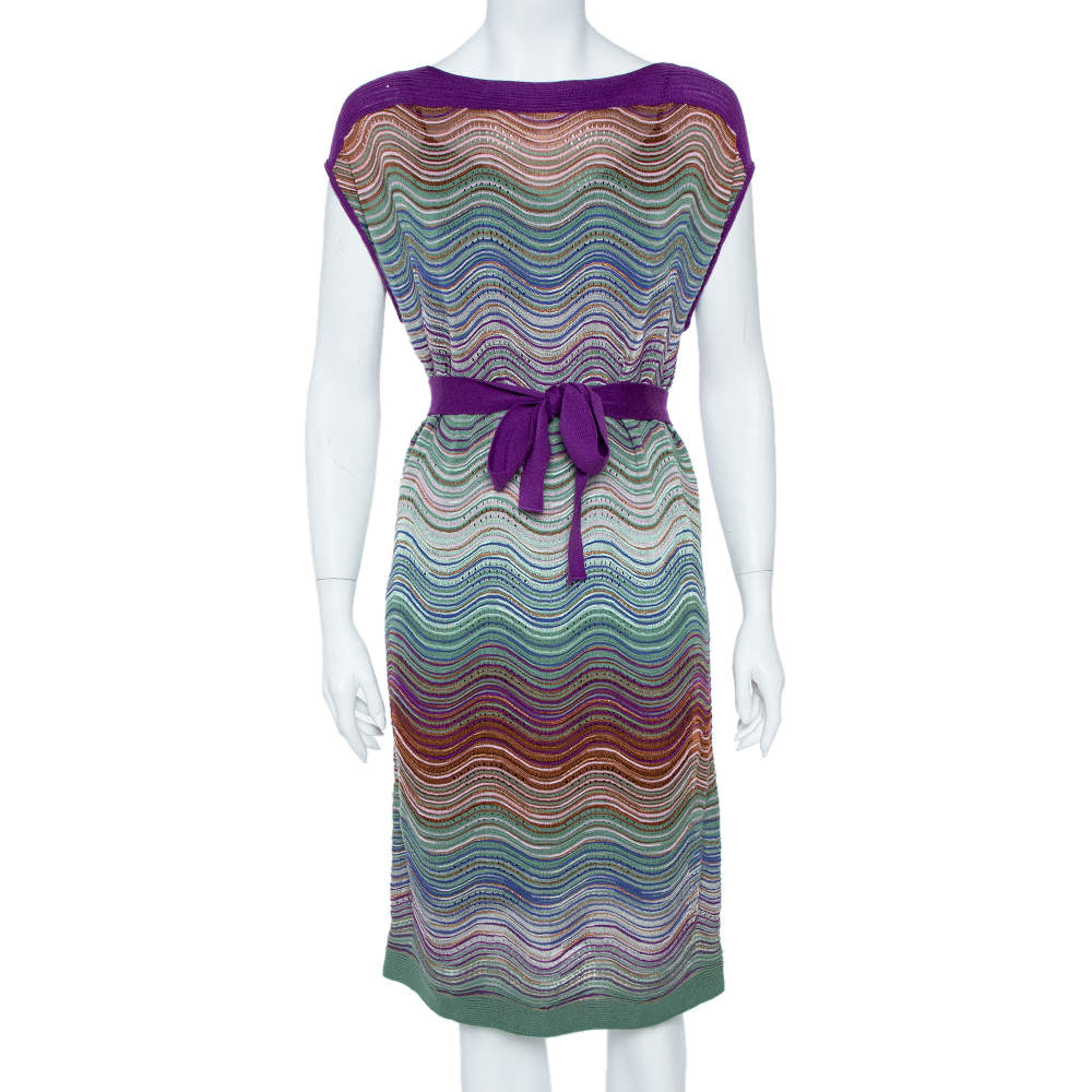 Pre Owned M Missoni Purple & Green Wool Blend Belted Dress M