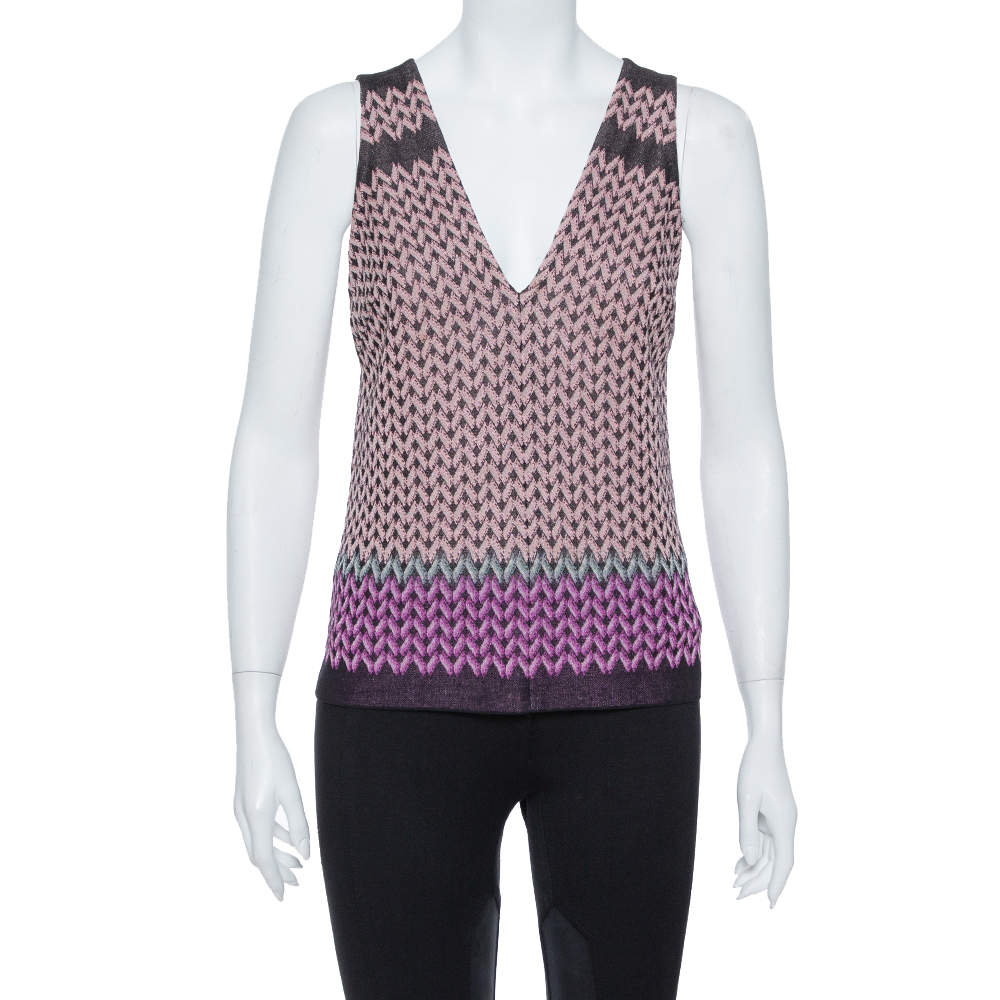 Pre Owned Missoni Pink Lurex Knit V Neck Top M