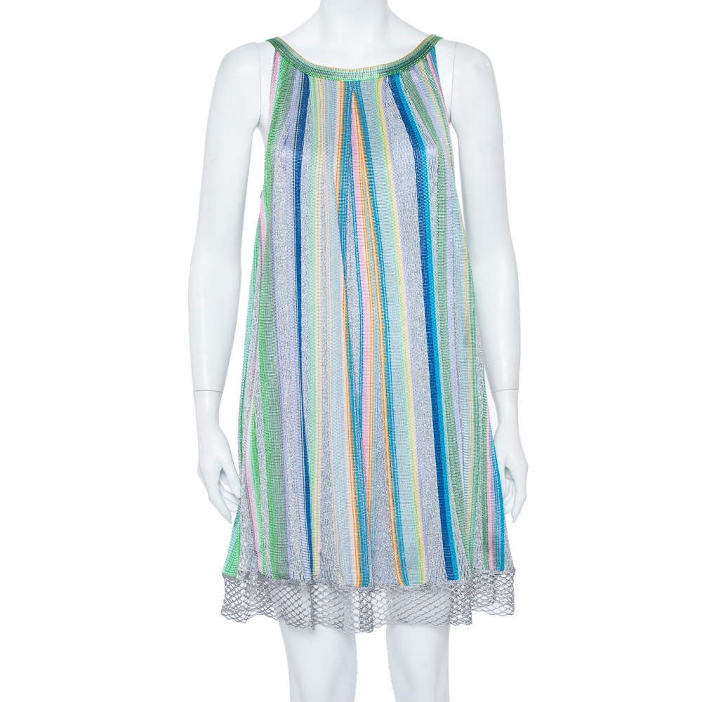 فستان ميزوني قصير تريكو شبكة صيد سمك مخطط متعدد الألوان M