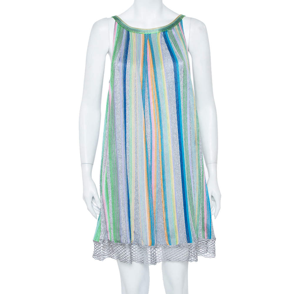Pre Owned Missoni Multicolor Striped Fishnet Knit Shift Dress M