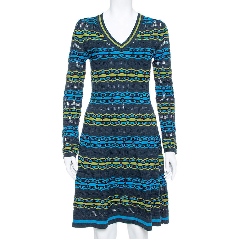 Pre Owned M Missoni Multicolor Perforated Knit Fit & Flare Midi Dress M