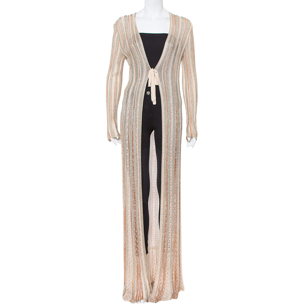 Pre Owned Missoni Beige Lurex Knit Front Tie Long Cardigan M
