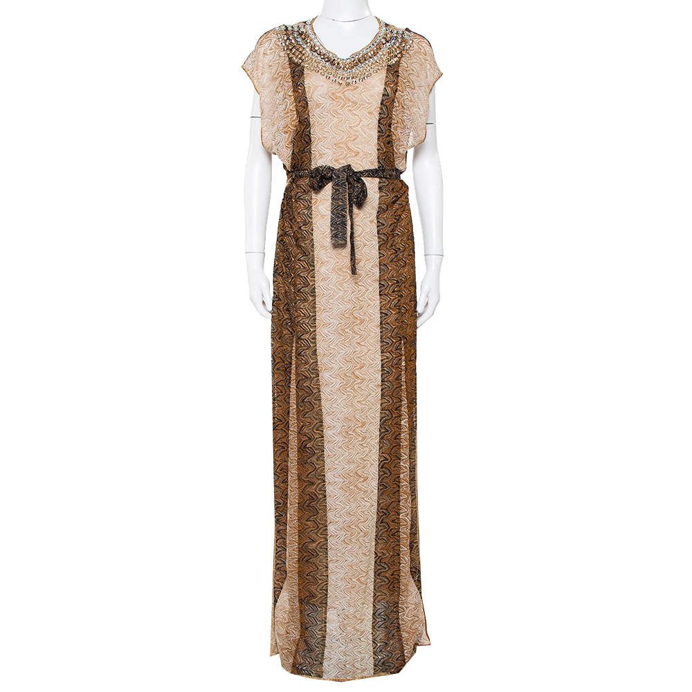 Pre Owned Missoni Beige Lurex Knit Stone Embellished Sleeveless Belted Maxi Dress M