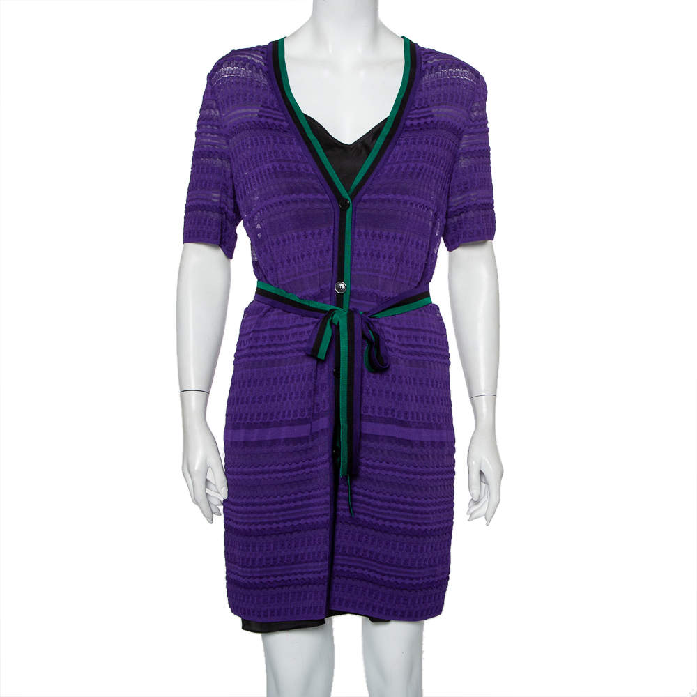 Pre Owned Missoni Purple Knit Belted Button Front Long Cardigan M