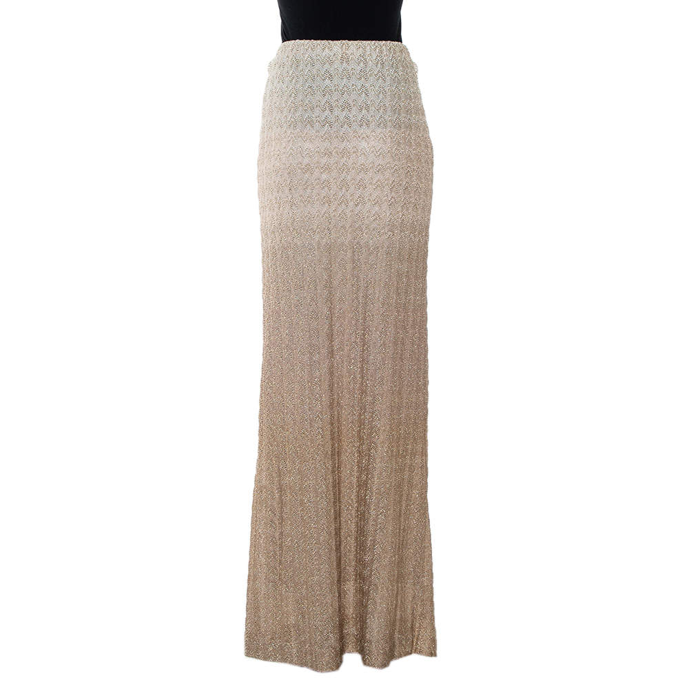 Pre Owned Missoni Beige Lurex Knit Ombre Effect Maxi Skirt L