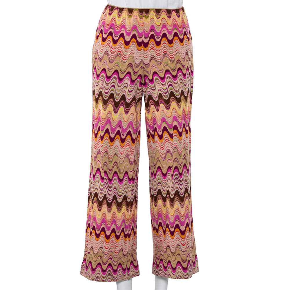 Pre Owned Missoni Pink Wavy Wool Blend Knit Palazzo Trousers M