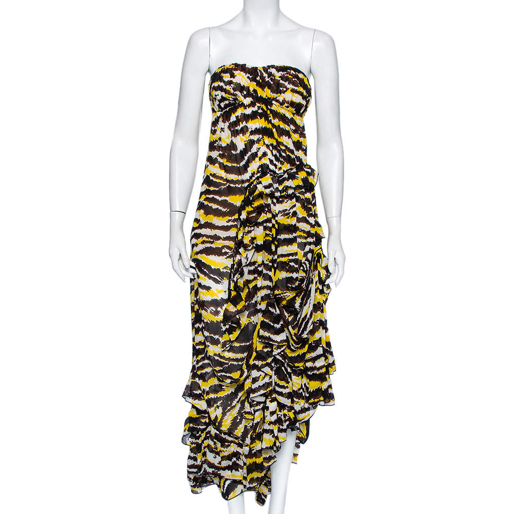 Pre Owned Missoni Yellow And Black Tiger Print Silk Strapless Tansy Dress M