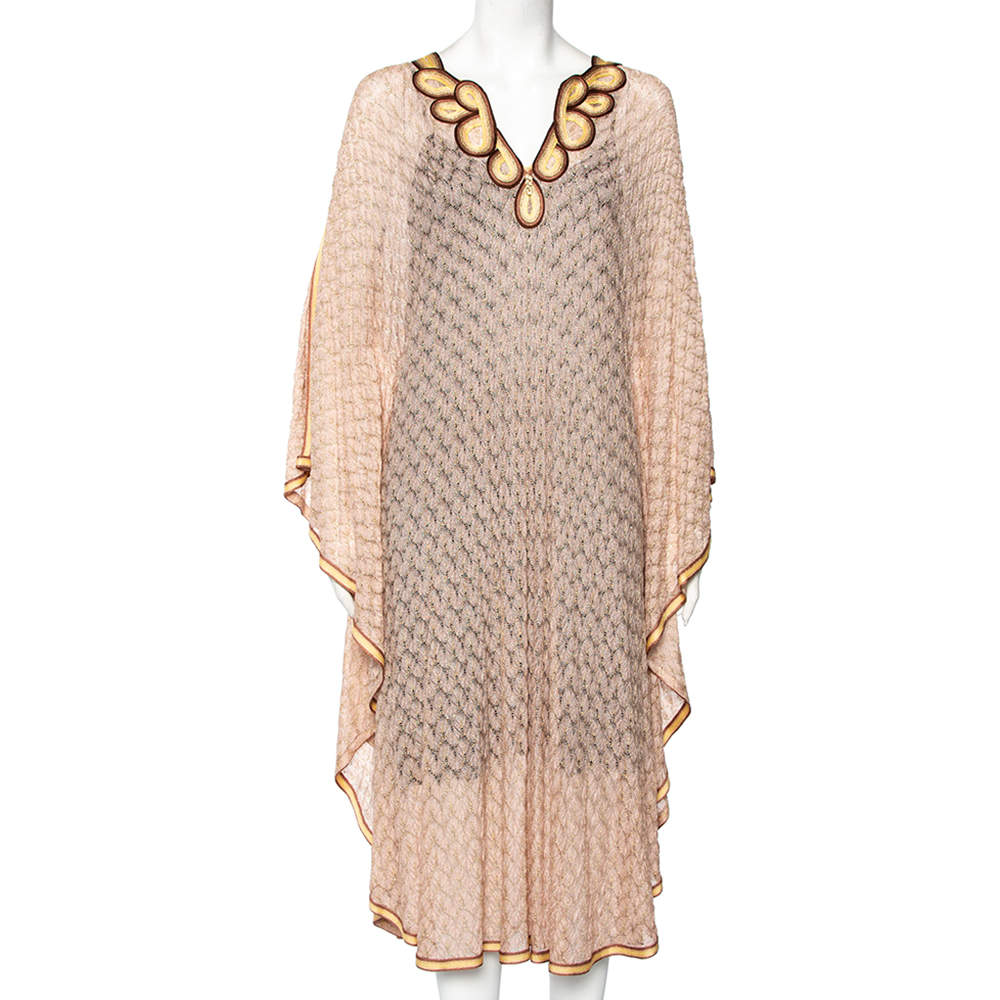 Pre Owned Missoni Light Pink Lurex Knit Contrast Trim Detail Sheer Kaftan Dress M