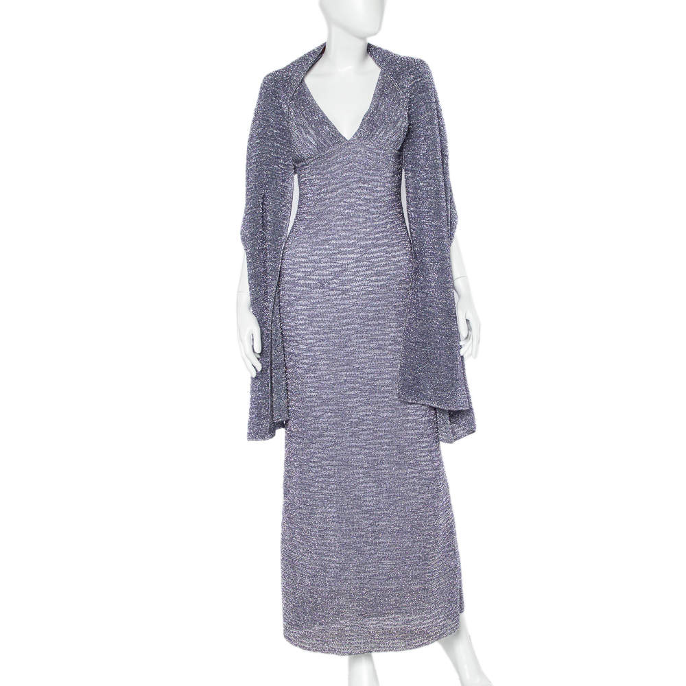 Pre Owned Missoni Purple Lurex Knit Shawl Detail Sleeveless Plunge Neck Dress M