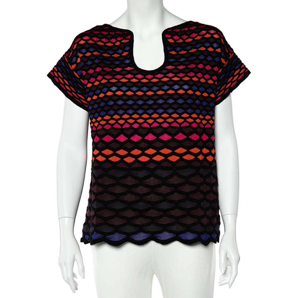Pre Owned M Missoni Multicolor Fishscale Pattern Textured Knit Short Sleeve Top M