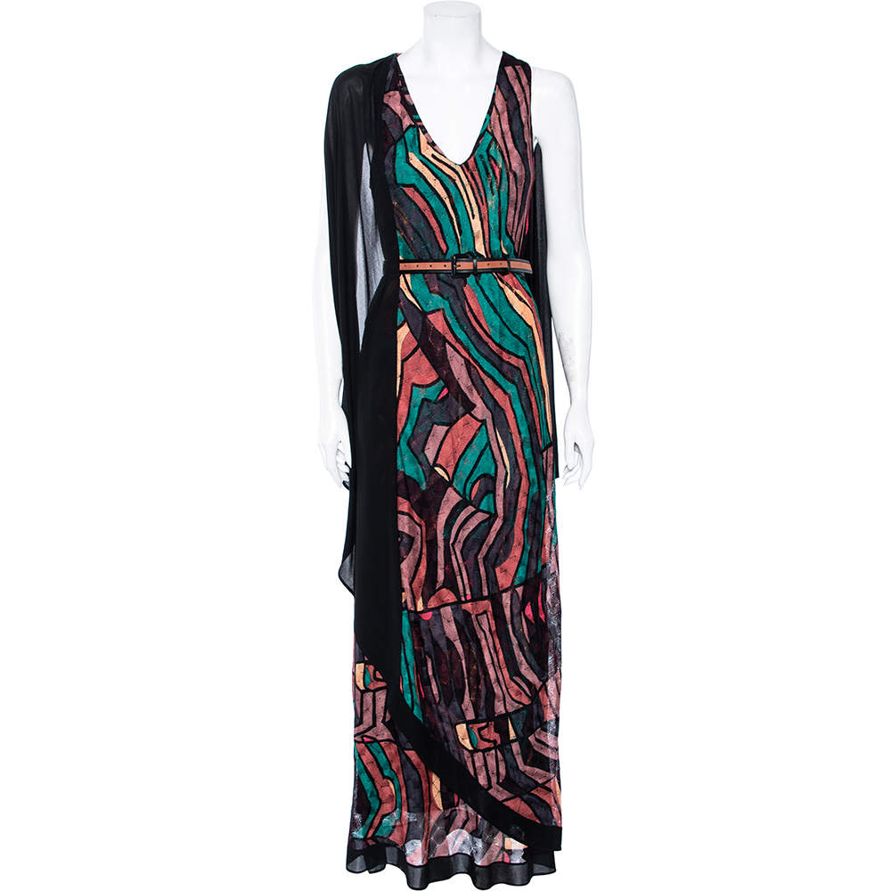 Pre Owned Missoni Multicolour Patterned Knit Overlay Detail Belted Maxi Dress S