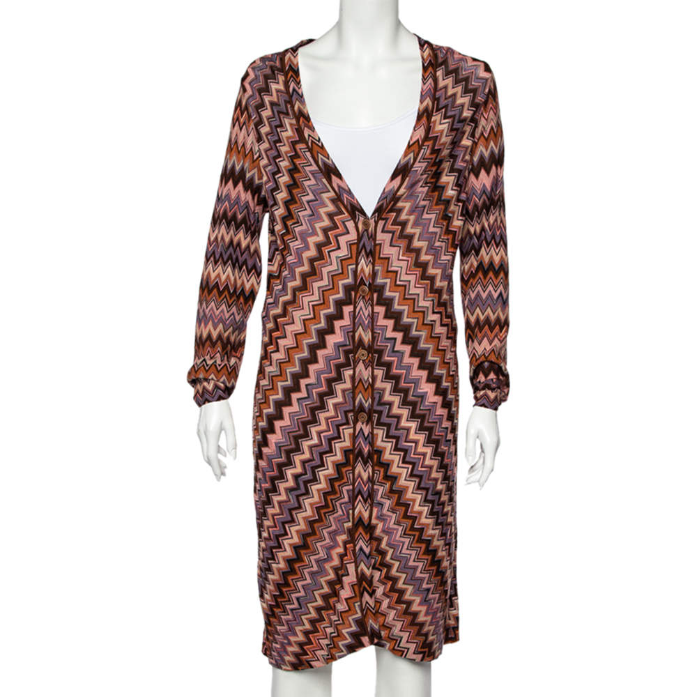 Pre Owned Missoni Brown Zigzag Pattern Knit Button Front Long Cardigan M