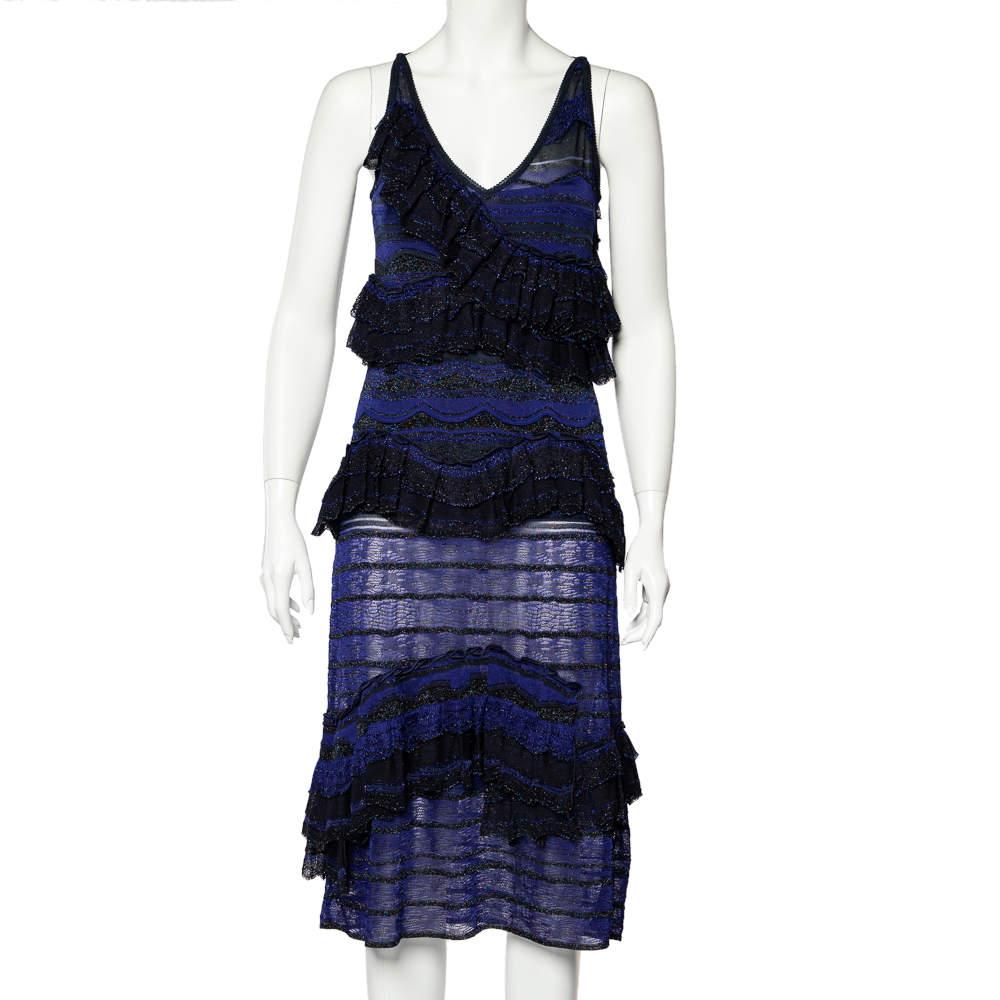 Missoni Blue and Black Lurex Knit Ruffled Sleeveless Dress M