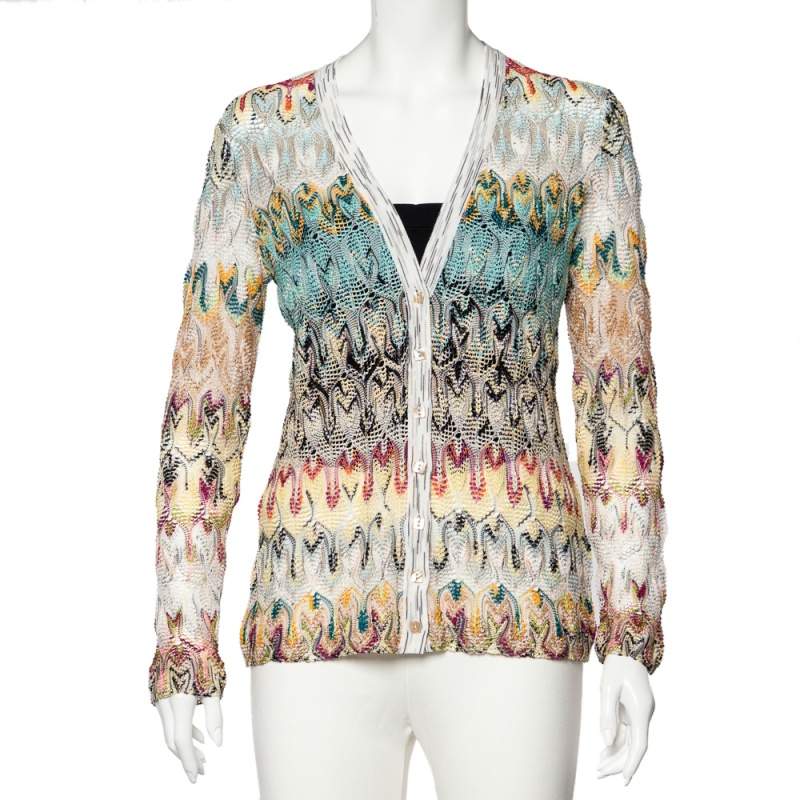 Pre Owned Missoni Multicolor Pointelle Knit Button Front Cardigan M