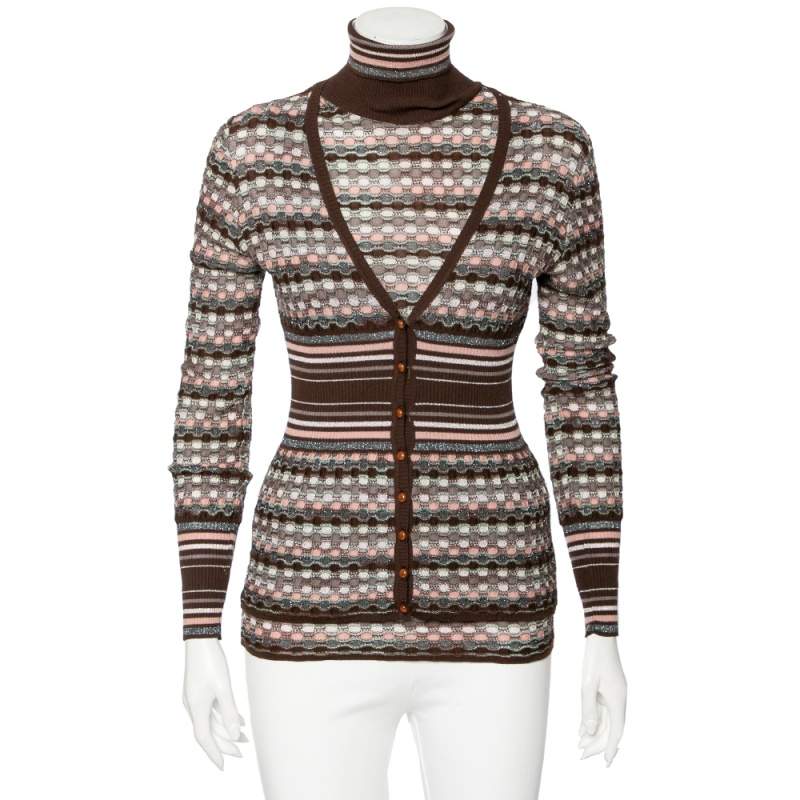 Pre Owned Missoni Brown Wool And Lurex Knit Turtle Neck Sleeveless Top & Button Front Cardigan Set M