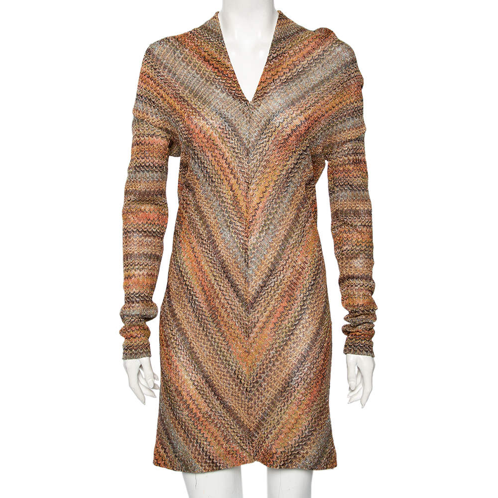 Pre Owned Missoni Multicolored Textured Lurex Knit Long Sleeve Dress M