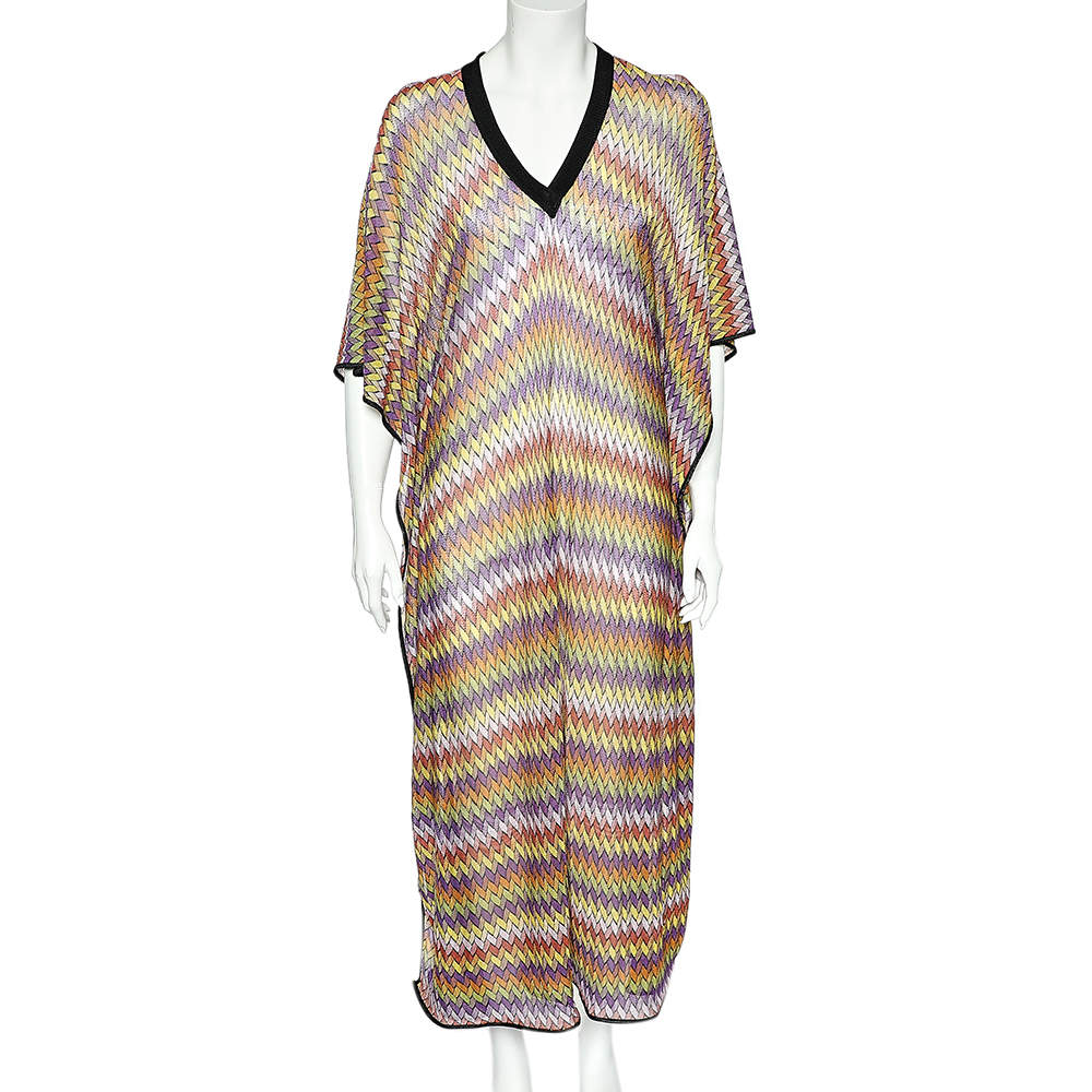Pre Owned Missoni Multicolor Zig Zag Knit Sheer Kaftan Coverup M