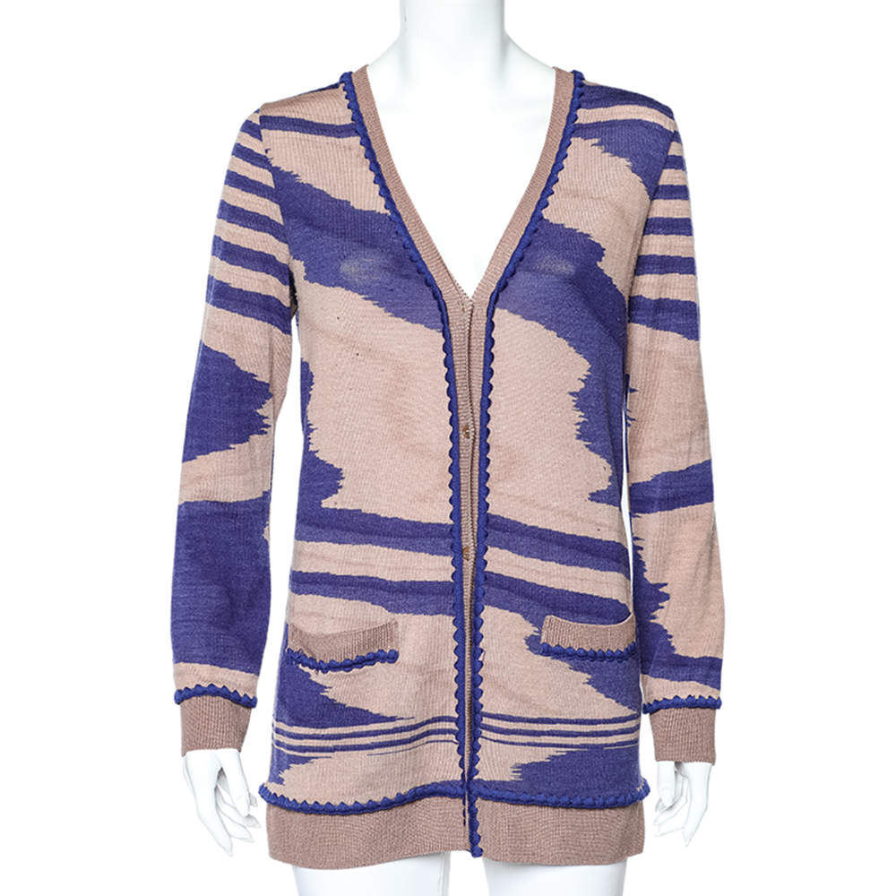 Pre Owned Missoni Beige & Navy Blue Patterned Wool Knit Button Front Cardigan L