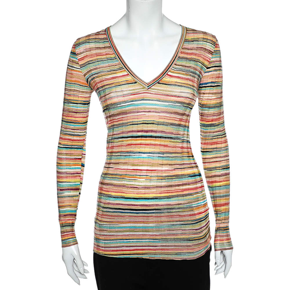 Pre Owned Missoni Multicolor Striped Wool Knit V-Neck Top S