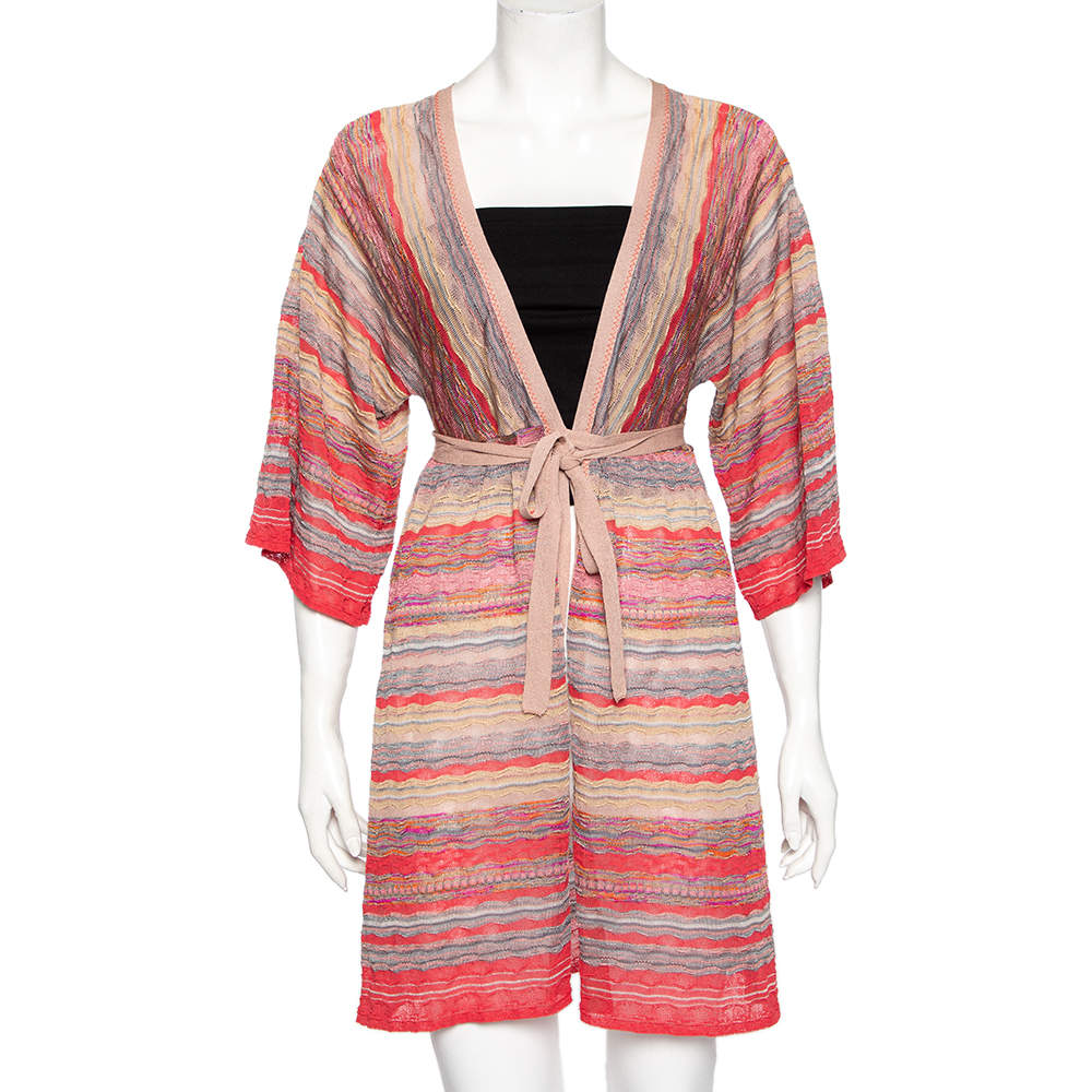 Pre Owned Missoni Multicolored Knit Front Tie Long Cardigan M