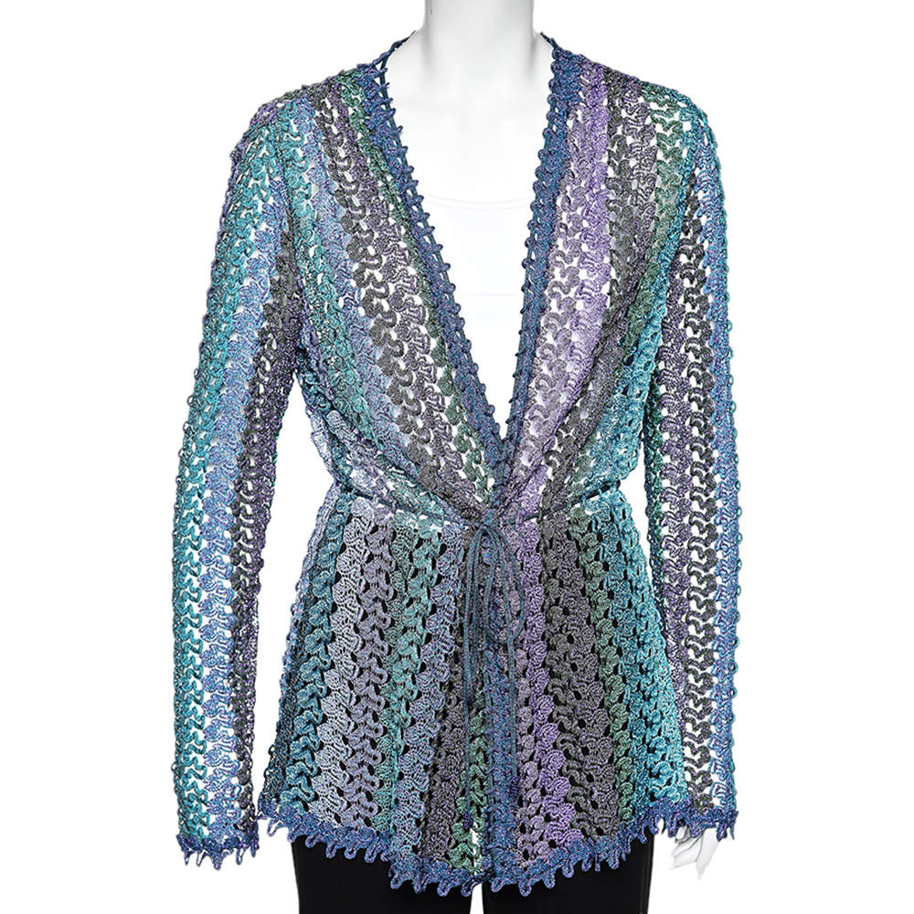Pre Owned Missoni Multicolor Perforated Lurex Knit Tie Detail Shrug M