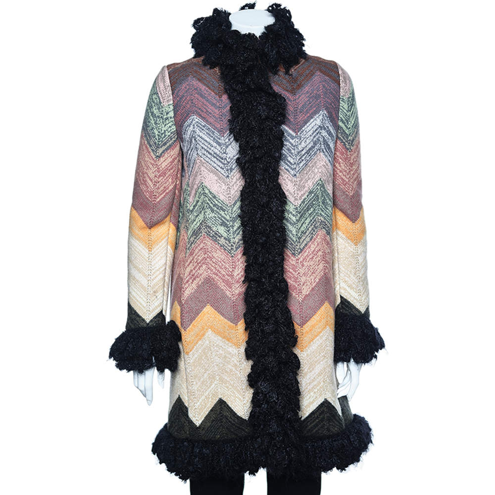 Missoni Multicolor patterned Wool Faux Fur Trim Detail Button Front Coat M