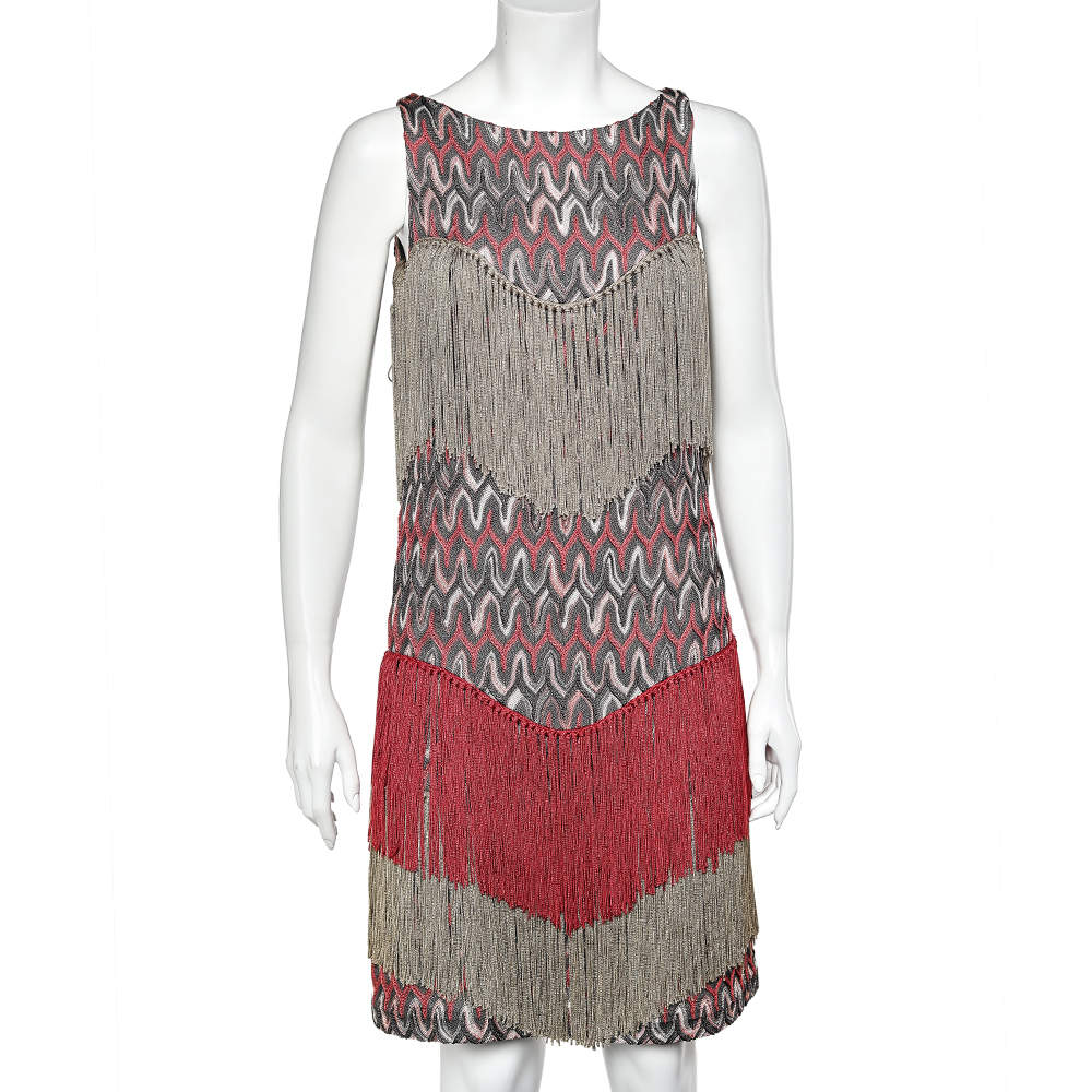 Pre Owned Missoni Multicolor Patterned Knit Fringed Sleeveless Mini Dress M