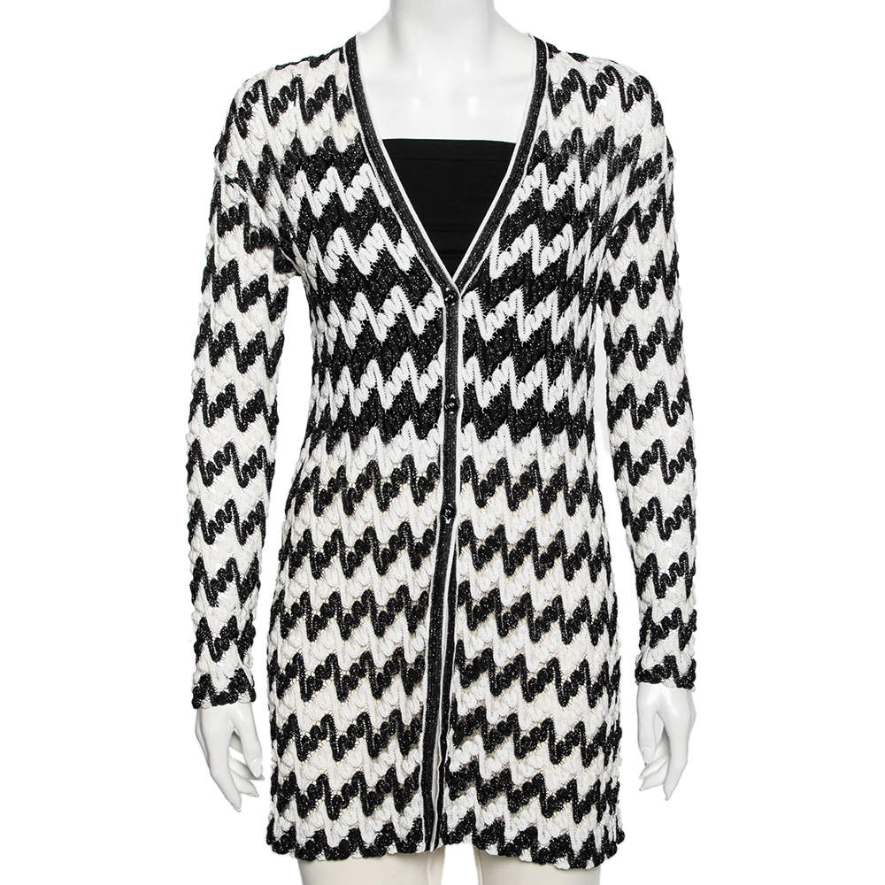 Pre Owned Missoni Monochrome Lurex Wave Knit Button Front Cardigan S