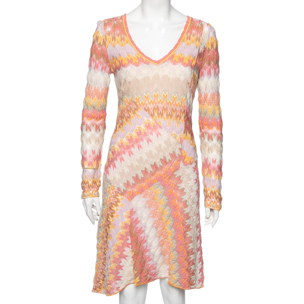 Pre Owned Missoni Multicolor Textured Cotton Long Sleeve Midi Dress M