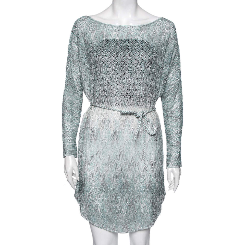 Pre Owned Missoni Blue & Grey Patterned Lurex Crochet-Knit Belted Tunic L