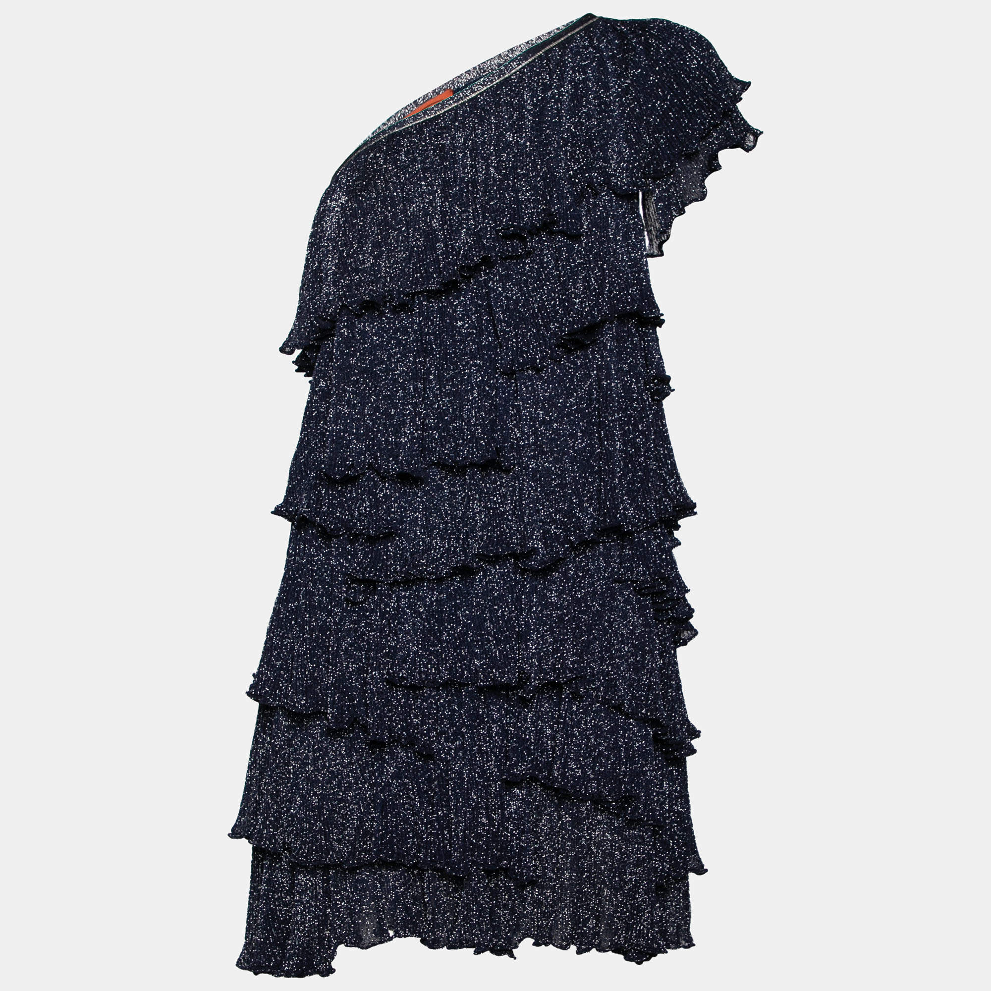 Pre Owned Missoni Navy Blue Lurex Knit Tiered One-Shoulder Short Dress M