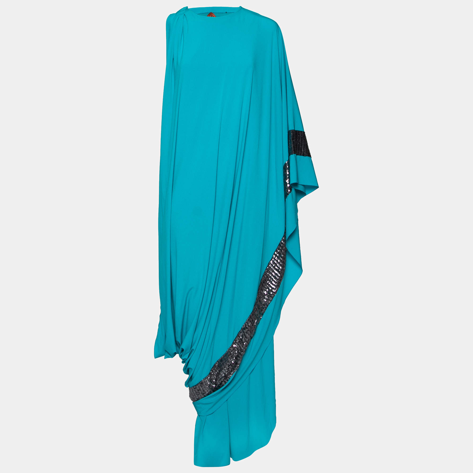 Pre Owned Missoni Blue Stretch Silk Embellished Detail Layered Asymmetric Dress M