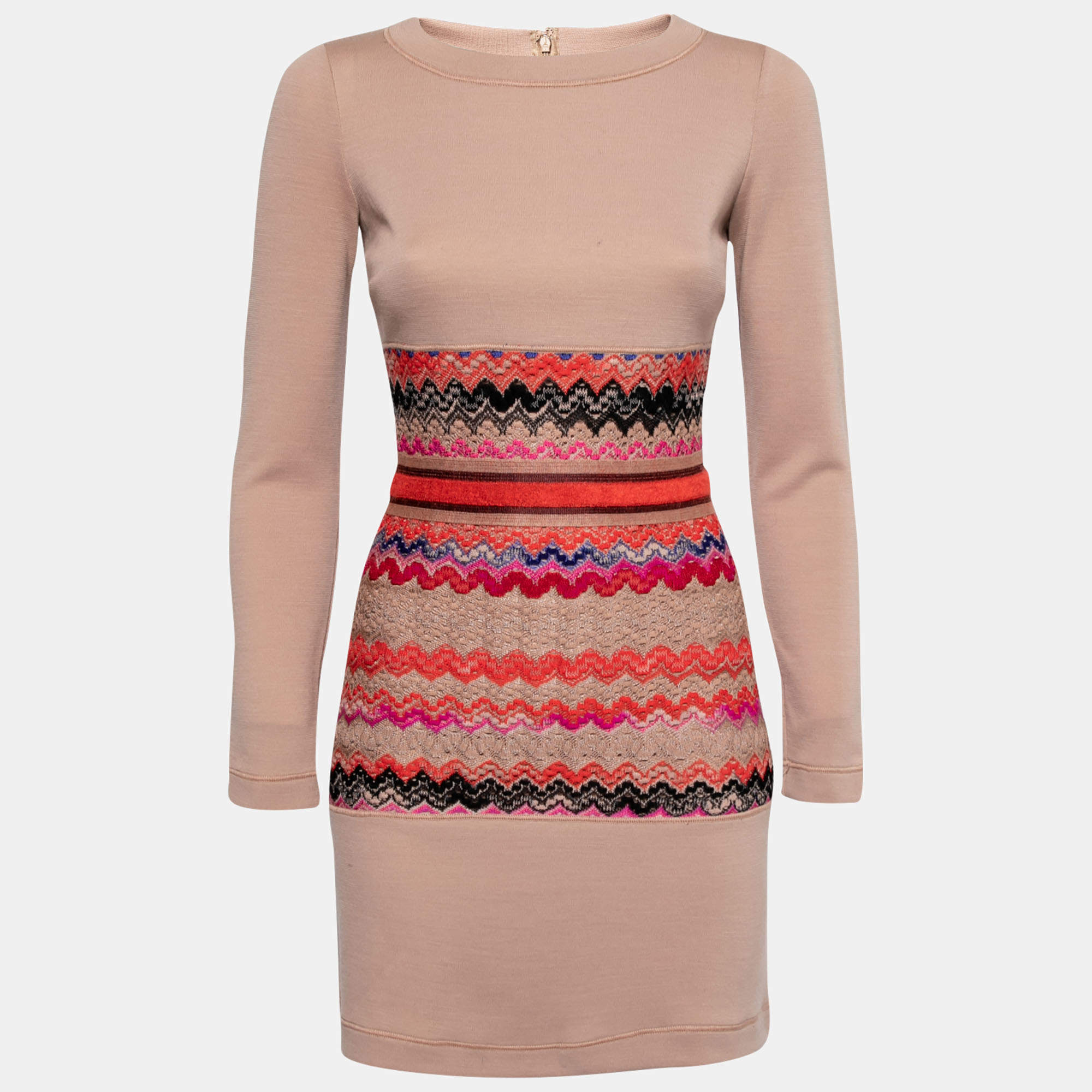 Pre Owned Missoni Beige Patterned Inset Knit Long Sleeve Dress S
