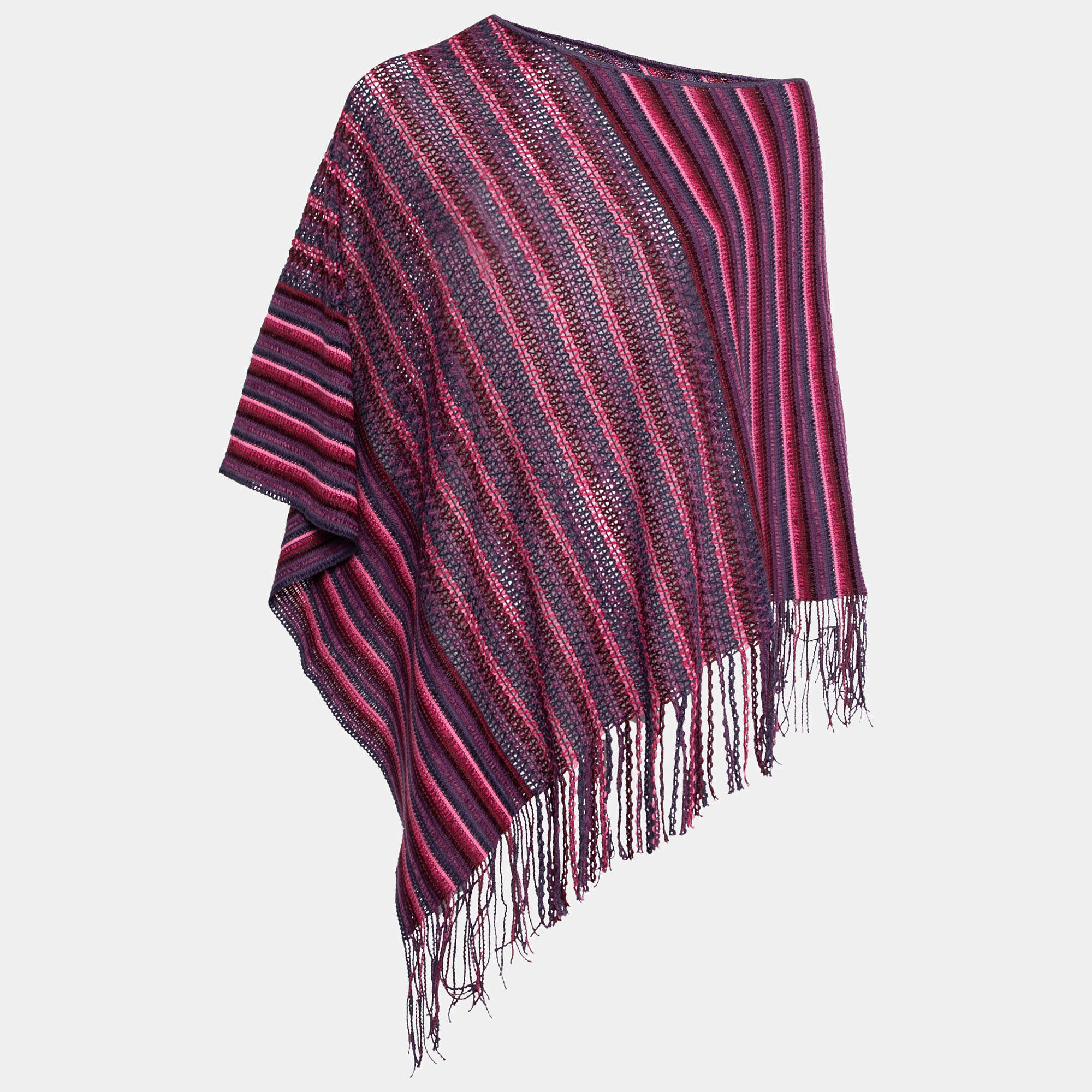Pre Owned Missoni Purple Wool Intarsia Knit Fringed Poncho OS