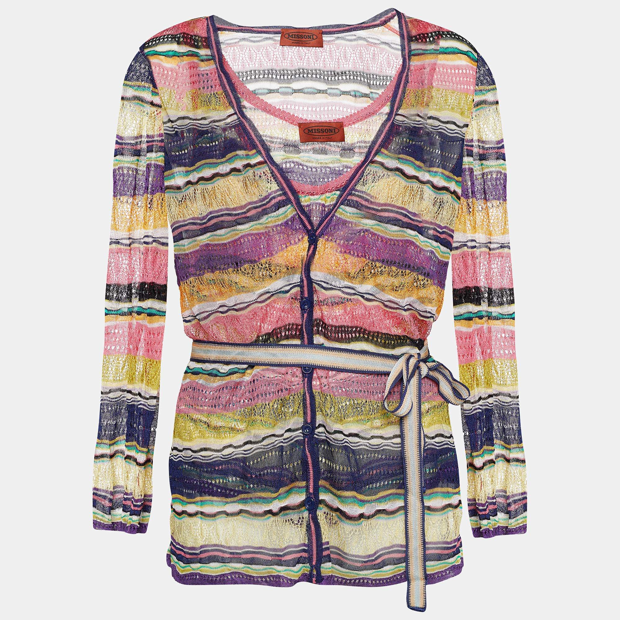 Pre Owned Missoni Multicolor Pointelle Knit Tank Top and Cardigan Set M