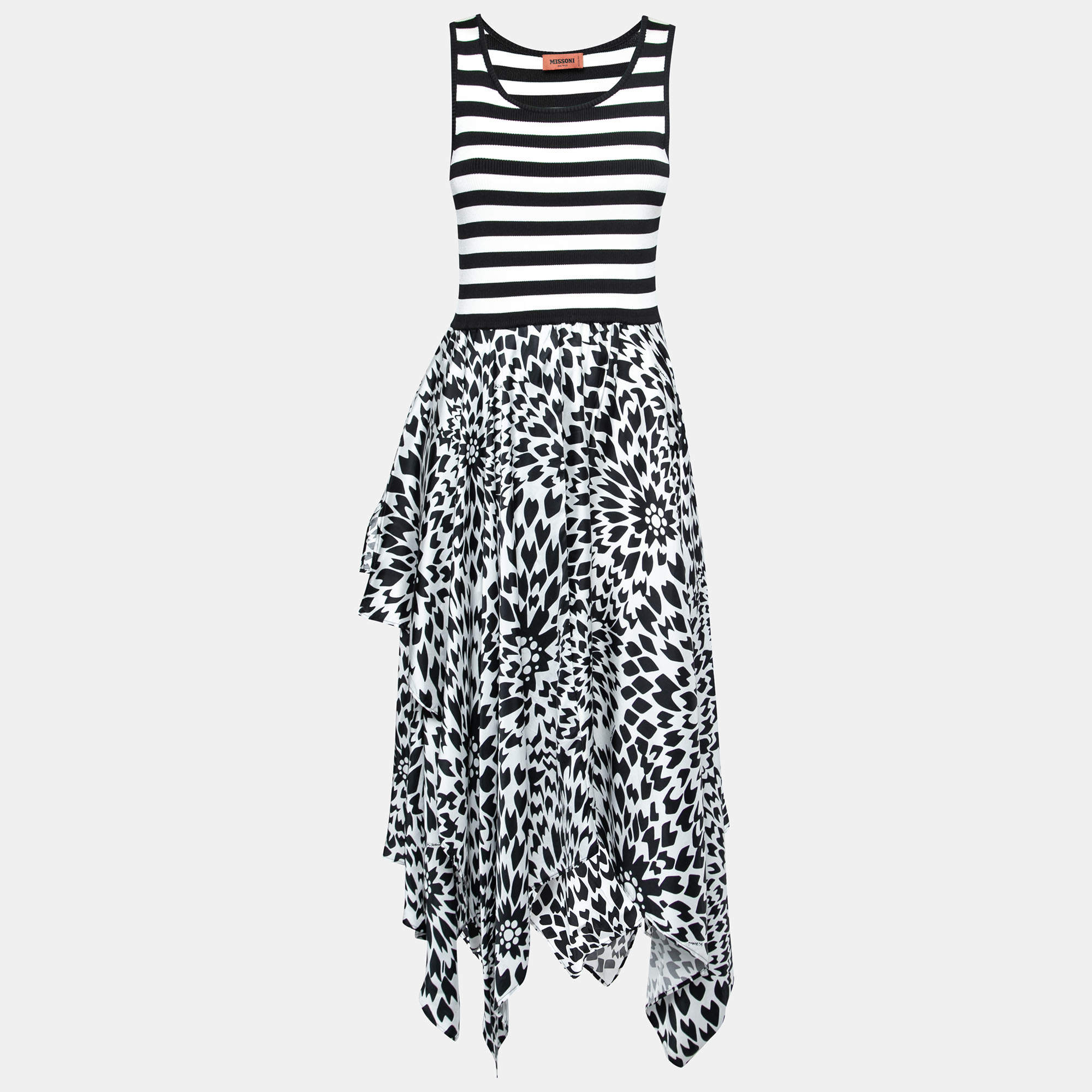 Pre Owned Missoni Monochrome Stripe and Floral Printed Knit Flared Dress S