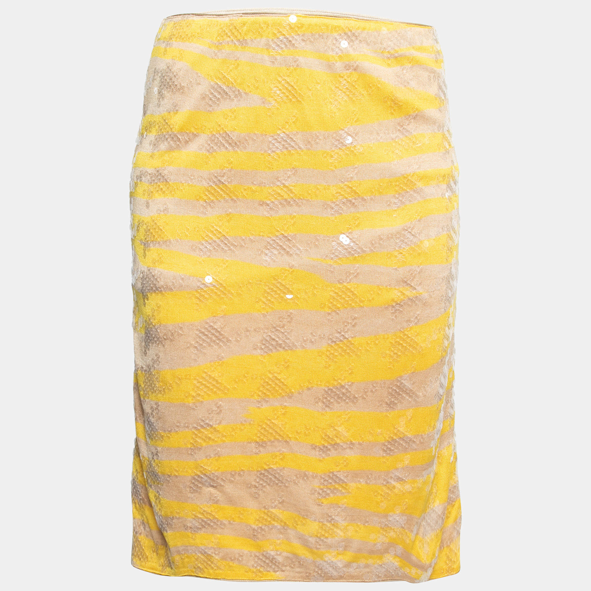 Pre Owned Missoni Beige & Yellow Striped Print Silk Knit Skirt S
